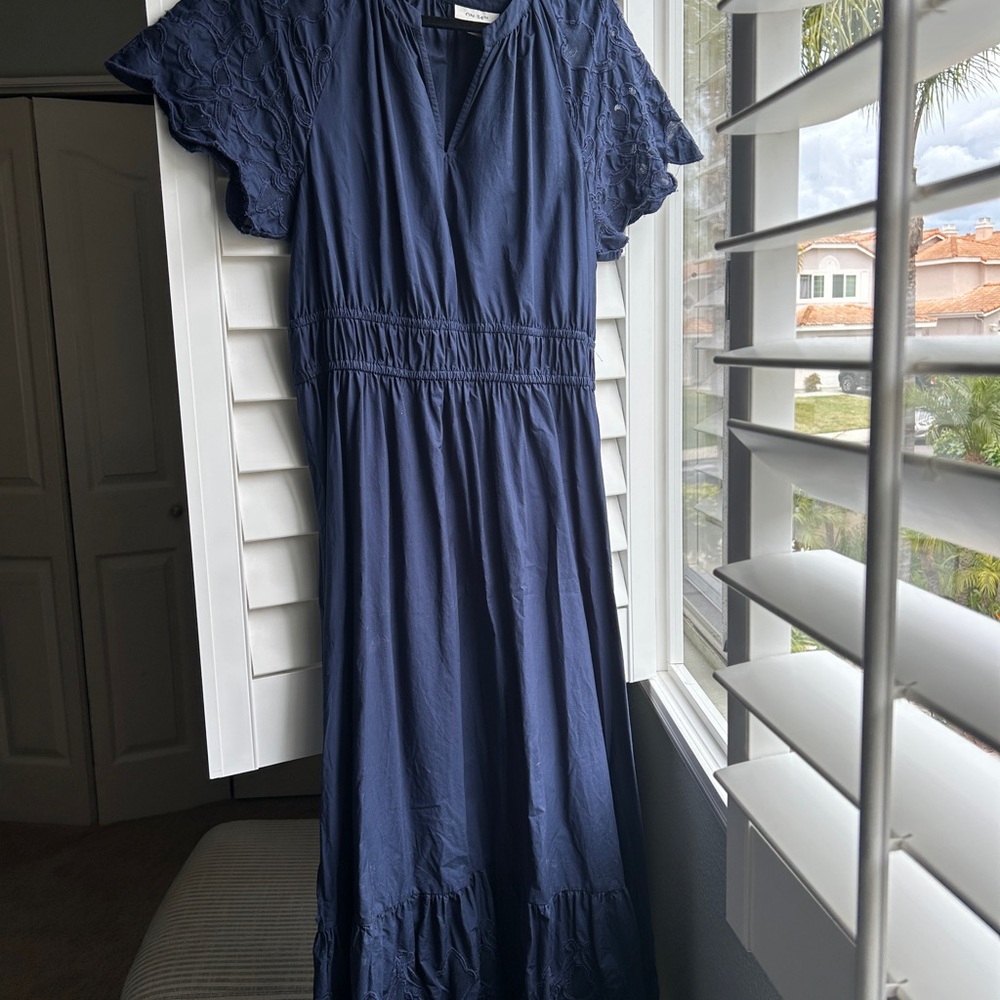 Blue Midi Sundress with Flutter Sleeves and V-Neck